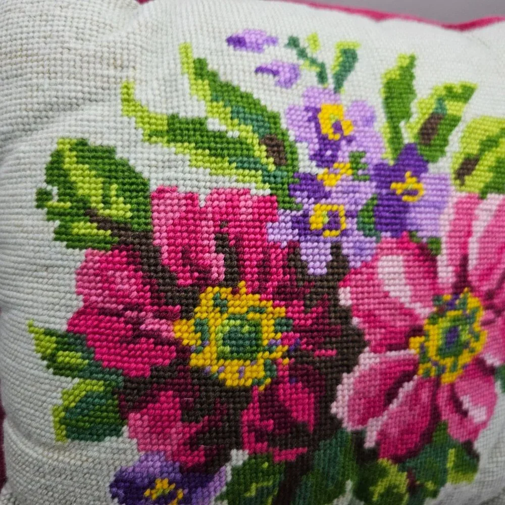 Vintage Floral Needlepoint Throw Pillow With Velvet Backing 11